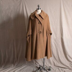 Vintage 1960s Camel Wool Cape Coat Dramatic Swing Collar Button Front Satin Line